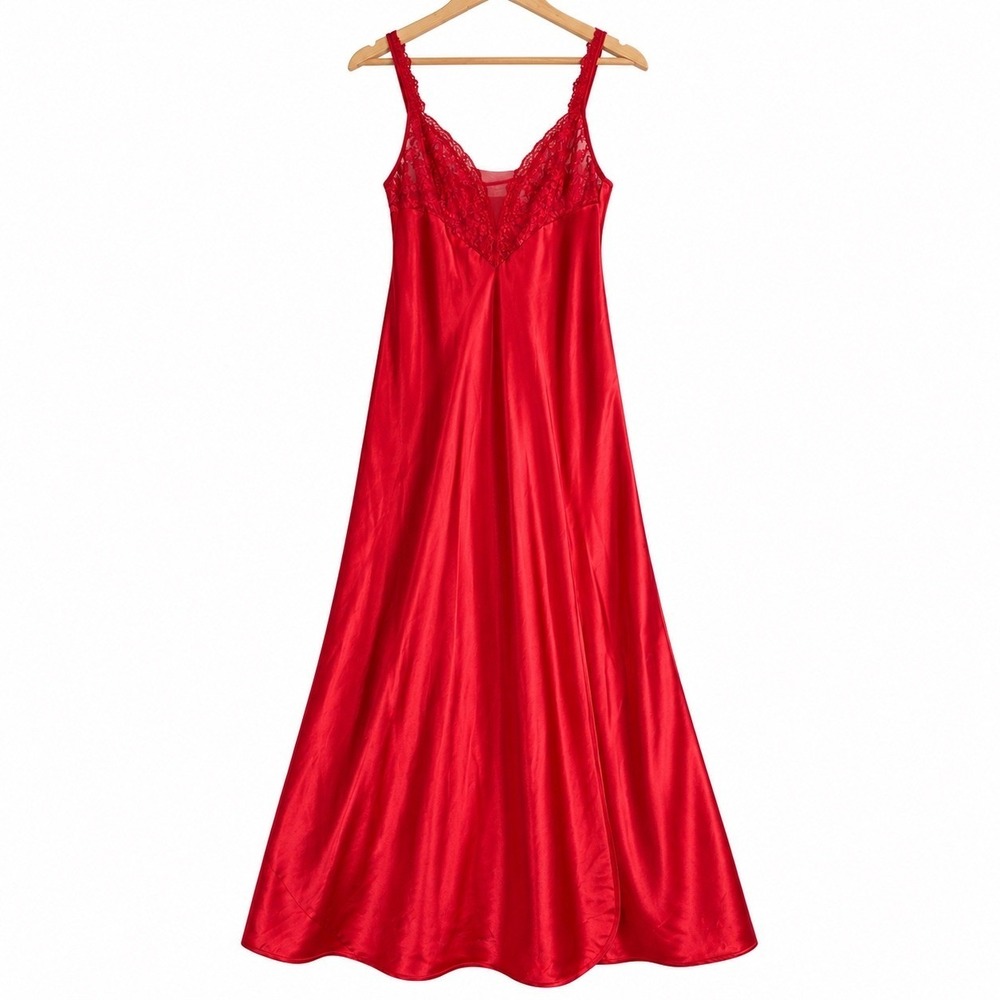 Vintage Victoria's Secret Gold Label Red Satin Lace Maxi Nightgown Slip Dress M